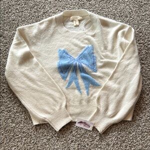 Cream Sweater with Blue Bow